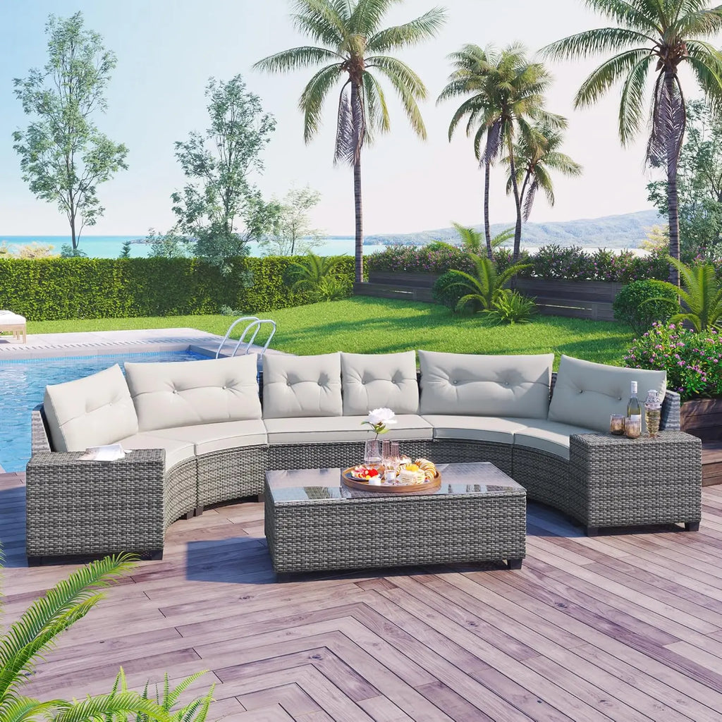 Acacia Wood Half-Moon Outdoor Sofa Set & Coffee Table