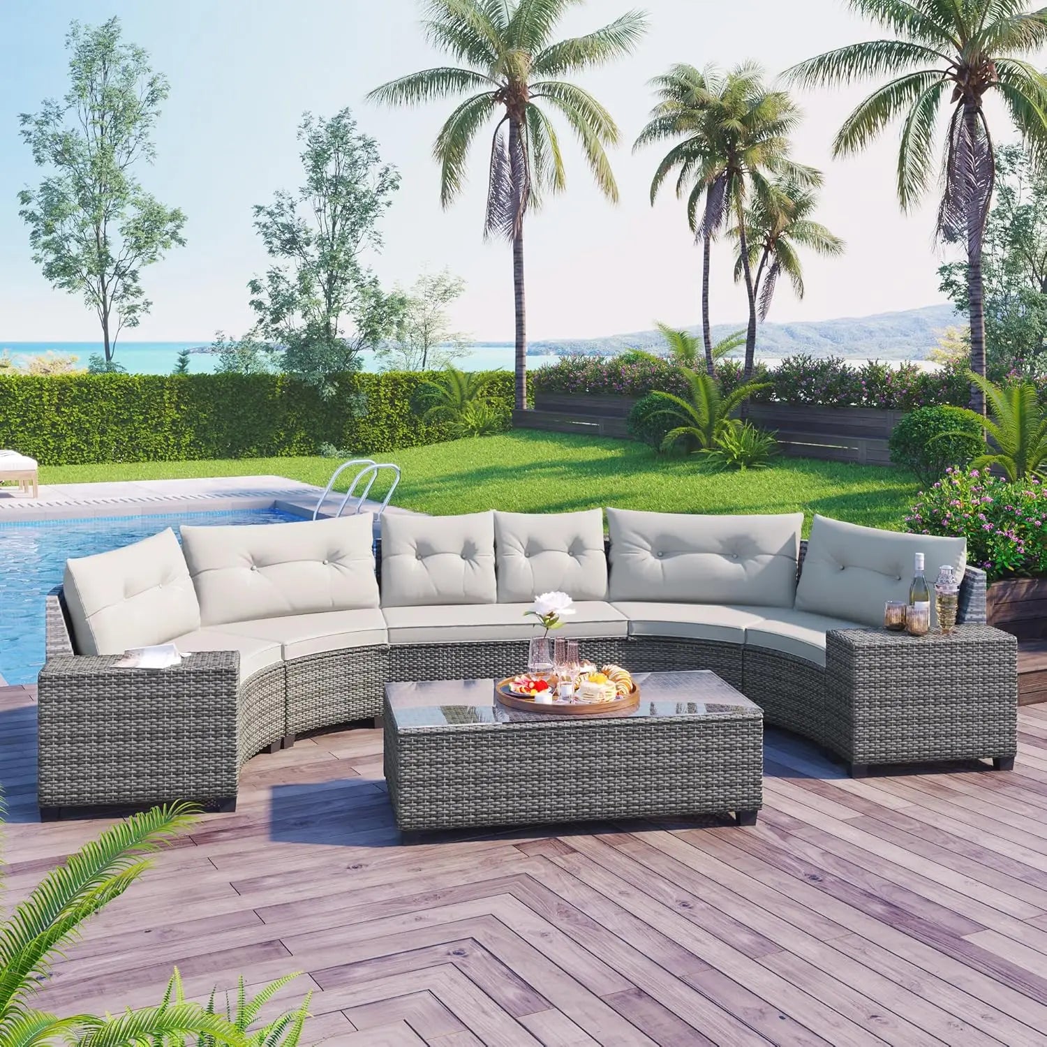 Acacia Wood Half-Moon Outdoor Sofa Set & Coffee Table