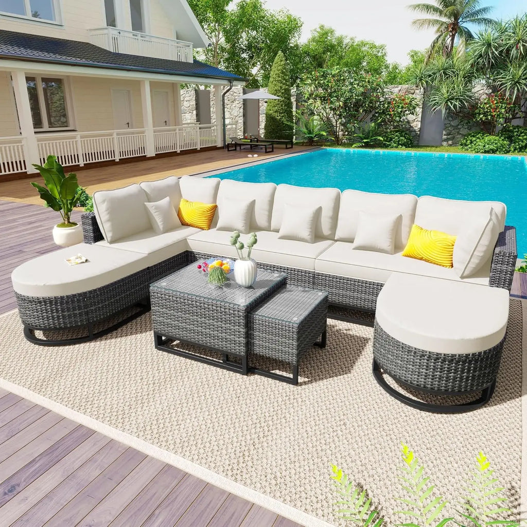 Acacia Wood Half-Moon Outdoor Sofa Set & Coffee Table