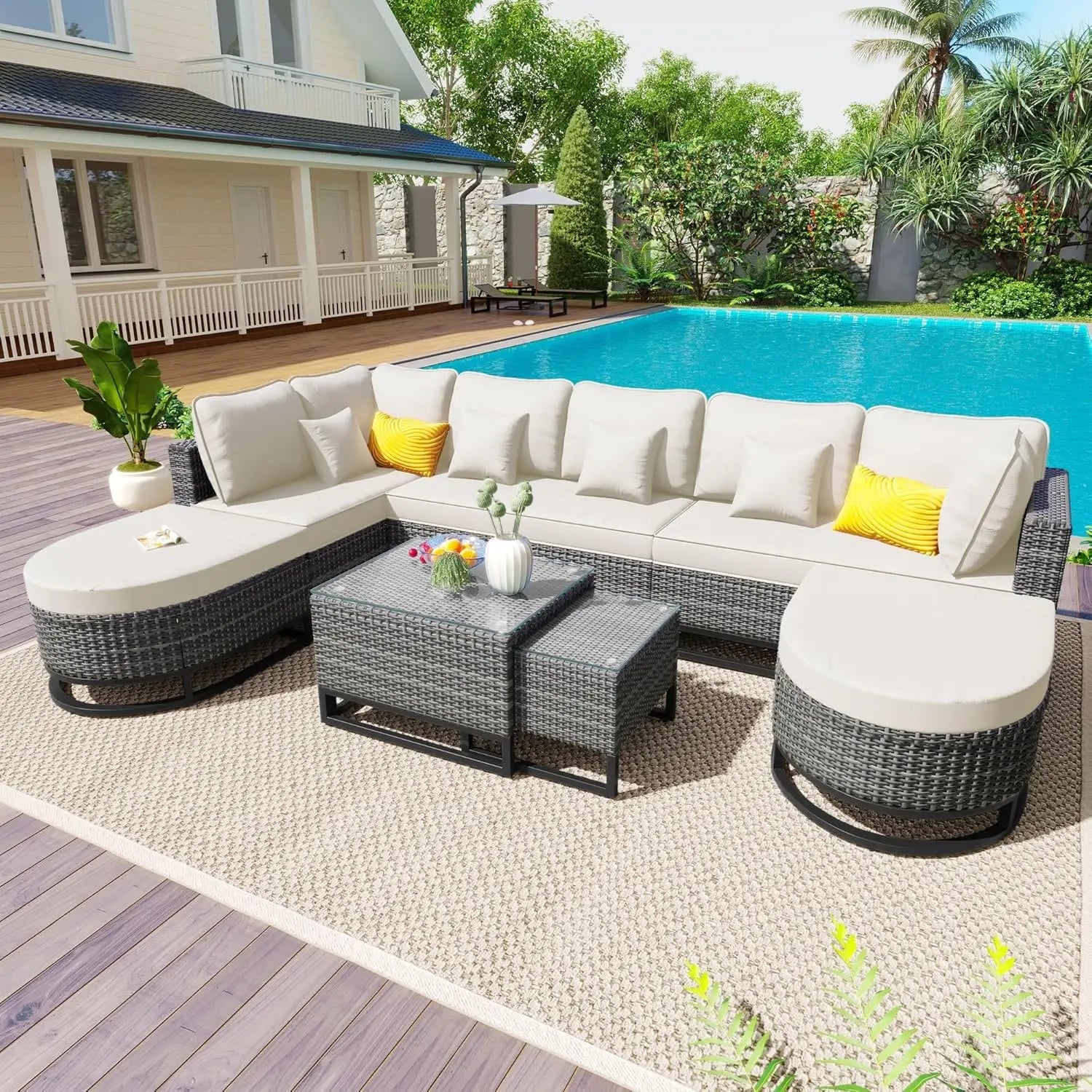Acacia Wood Half-Moon Outdoor Sofa Set & Coffee Table