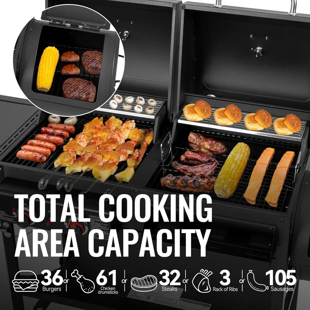 2-Burner Gas and Charcoal Combo Grill with Offset Smoker & Side Burner