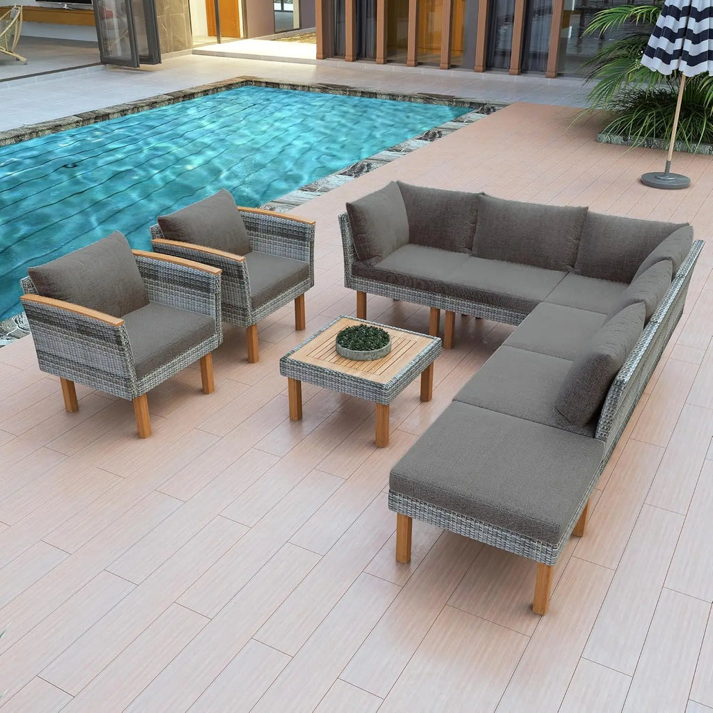 Acacia Wood Half-Moon Outdoor Sofa Set & Coffee Table