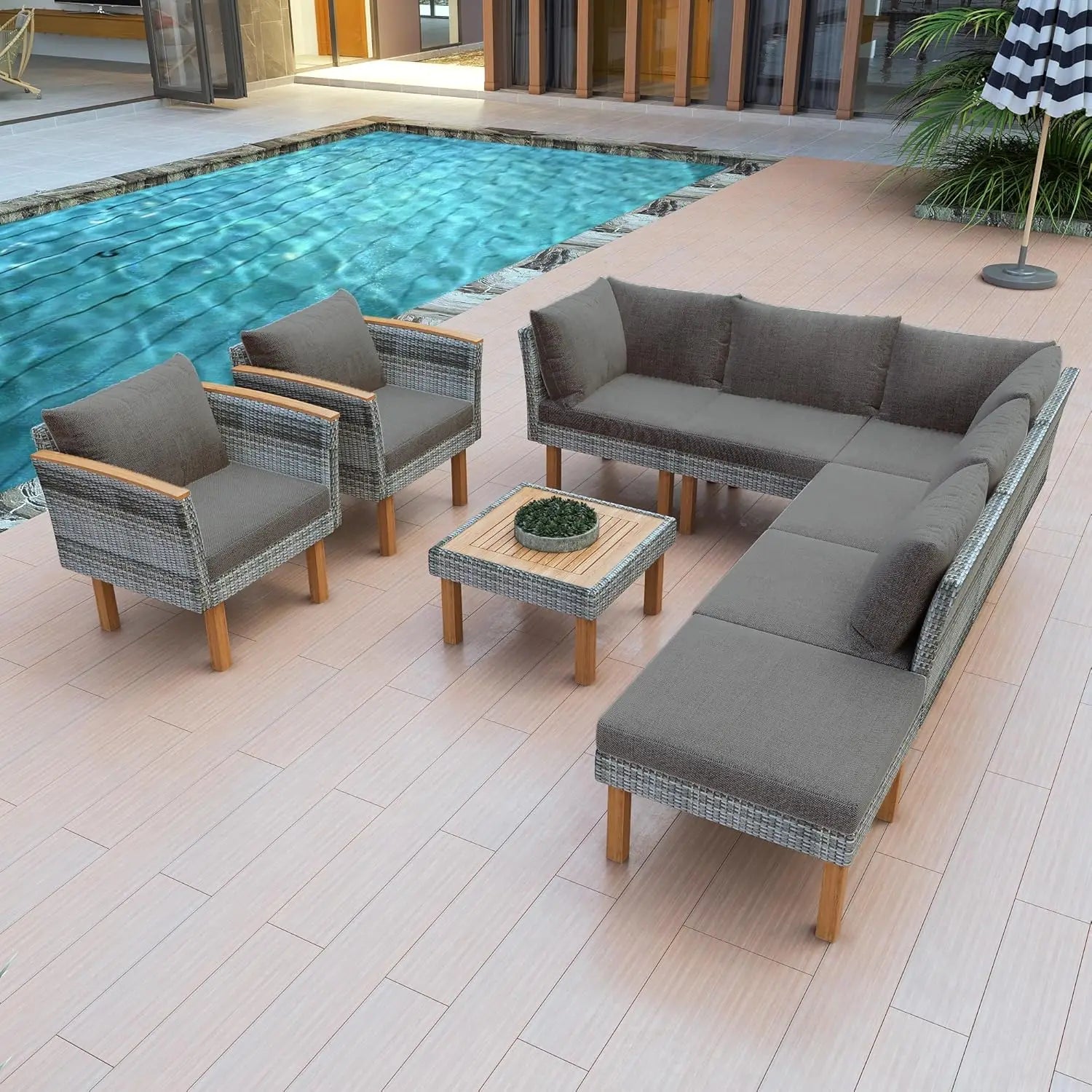 Acacia Wood Half-Moon Outdoor Sofa Set & Coffee Table
