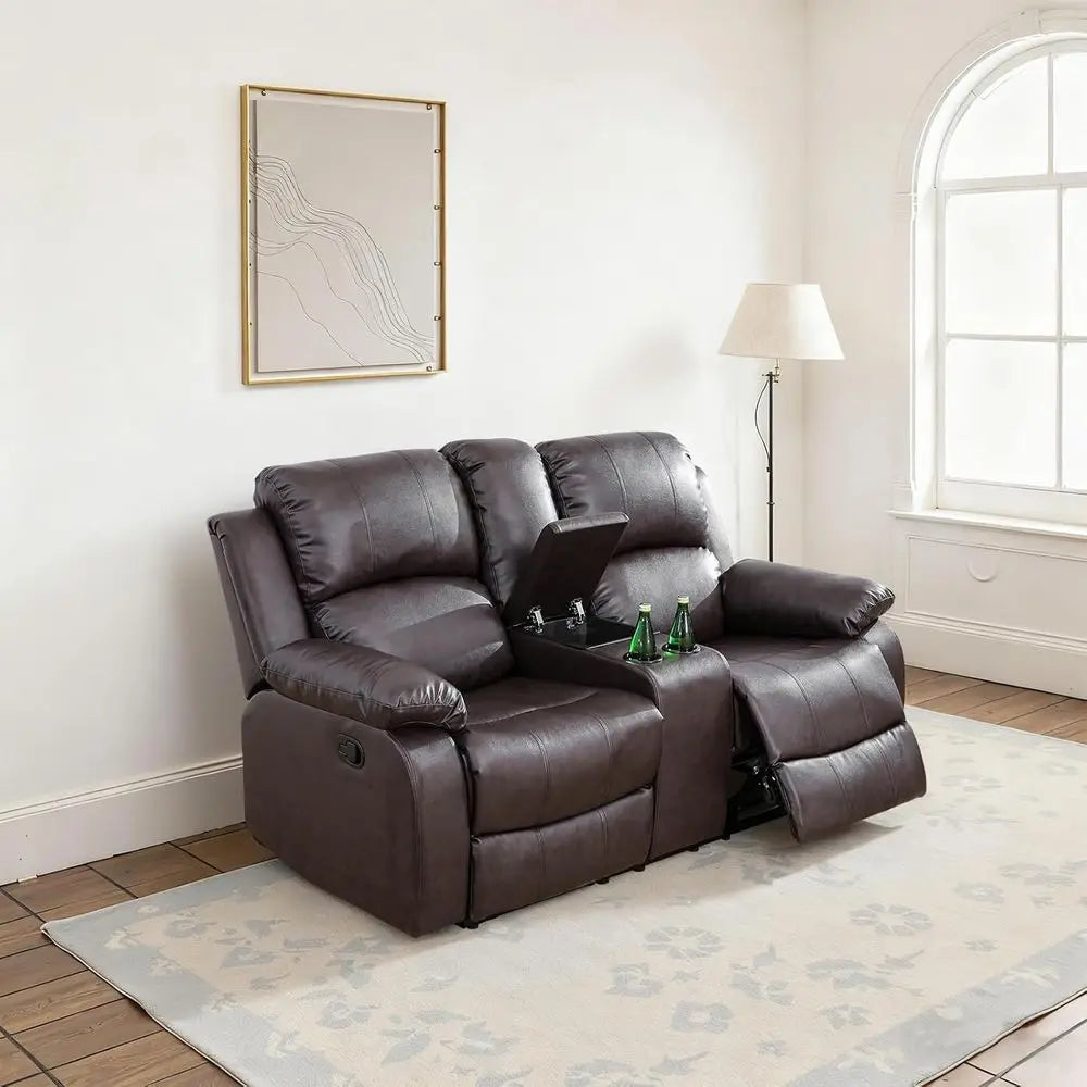 Brown Leather Reclining Loveseat with Center Console