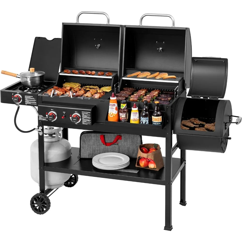 2-Burner Gas and Charcoal Combo Grill with Offset Smoker & Side Burner