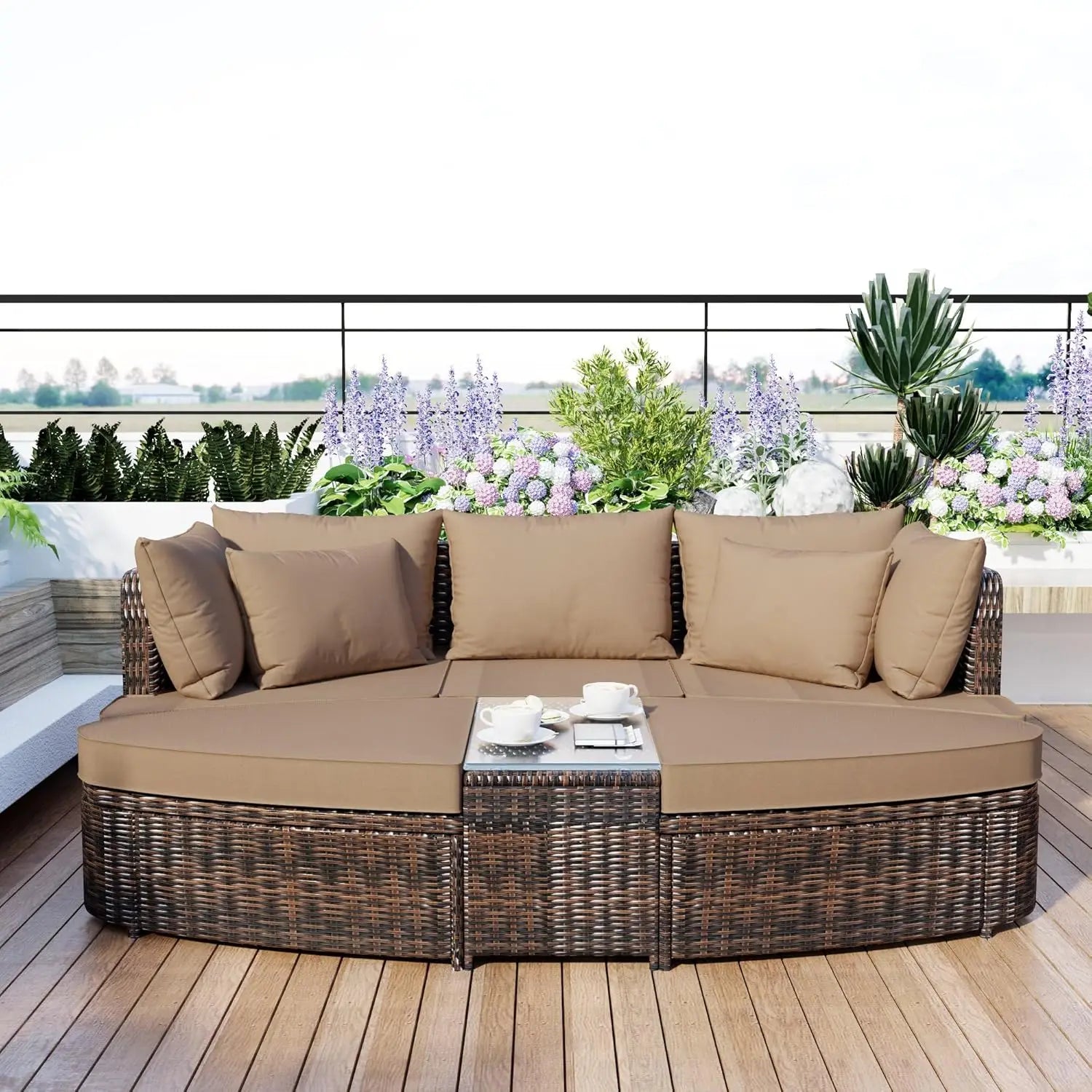 Acacia Wood Half-Moon Outdoor Sofa Set & Coffee Table