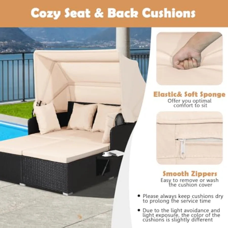 Patio Rattan Daybed with Retractable Canopy