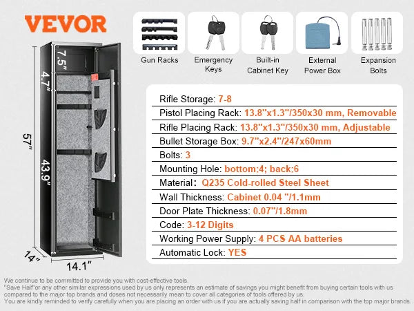 3-8 Rifles Gun Safe w/ Digital Keypad