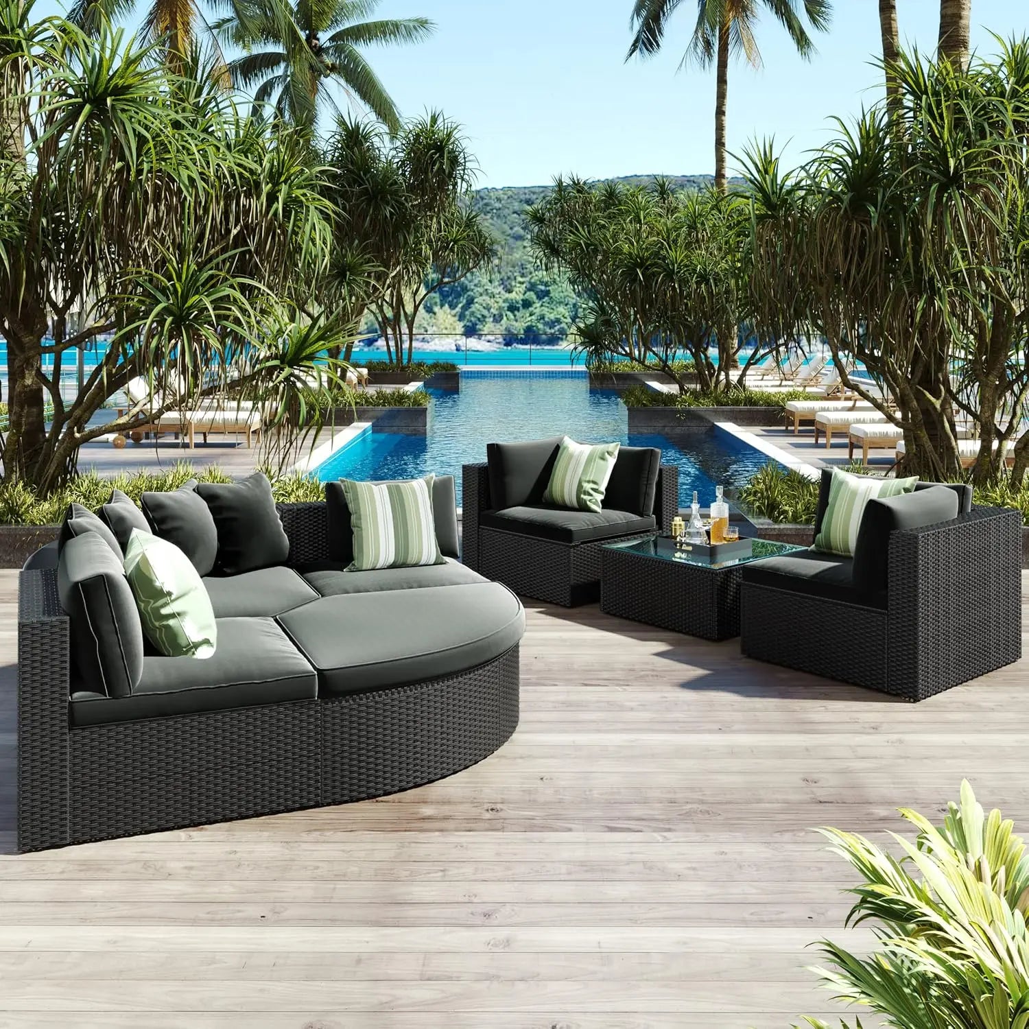 Acacia Wood Half-Moon Outdoor Sofa Set & Coffee Table