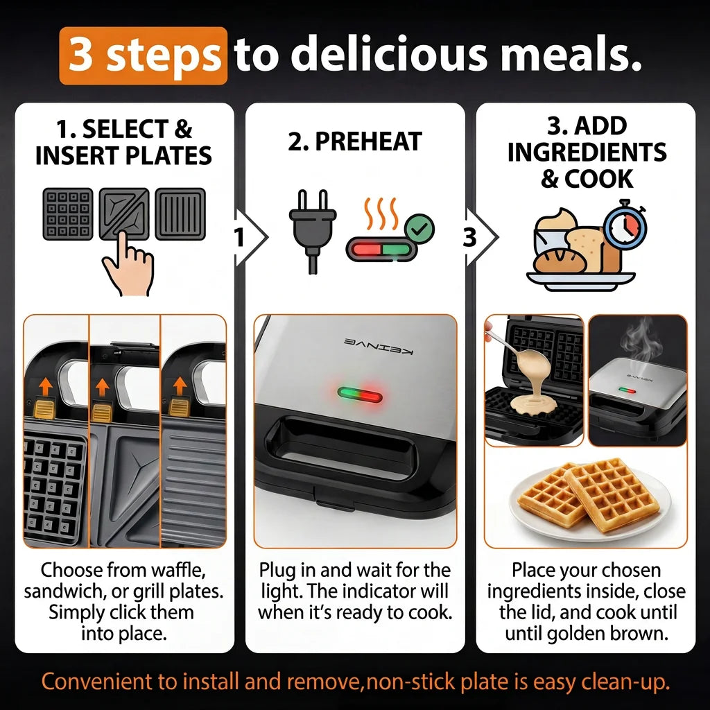 3-in-1 Sandwich Maker, Panini Press & Waffle Iron