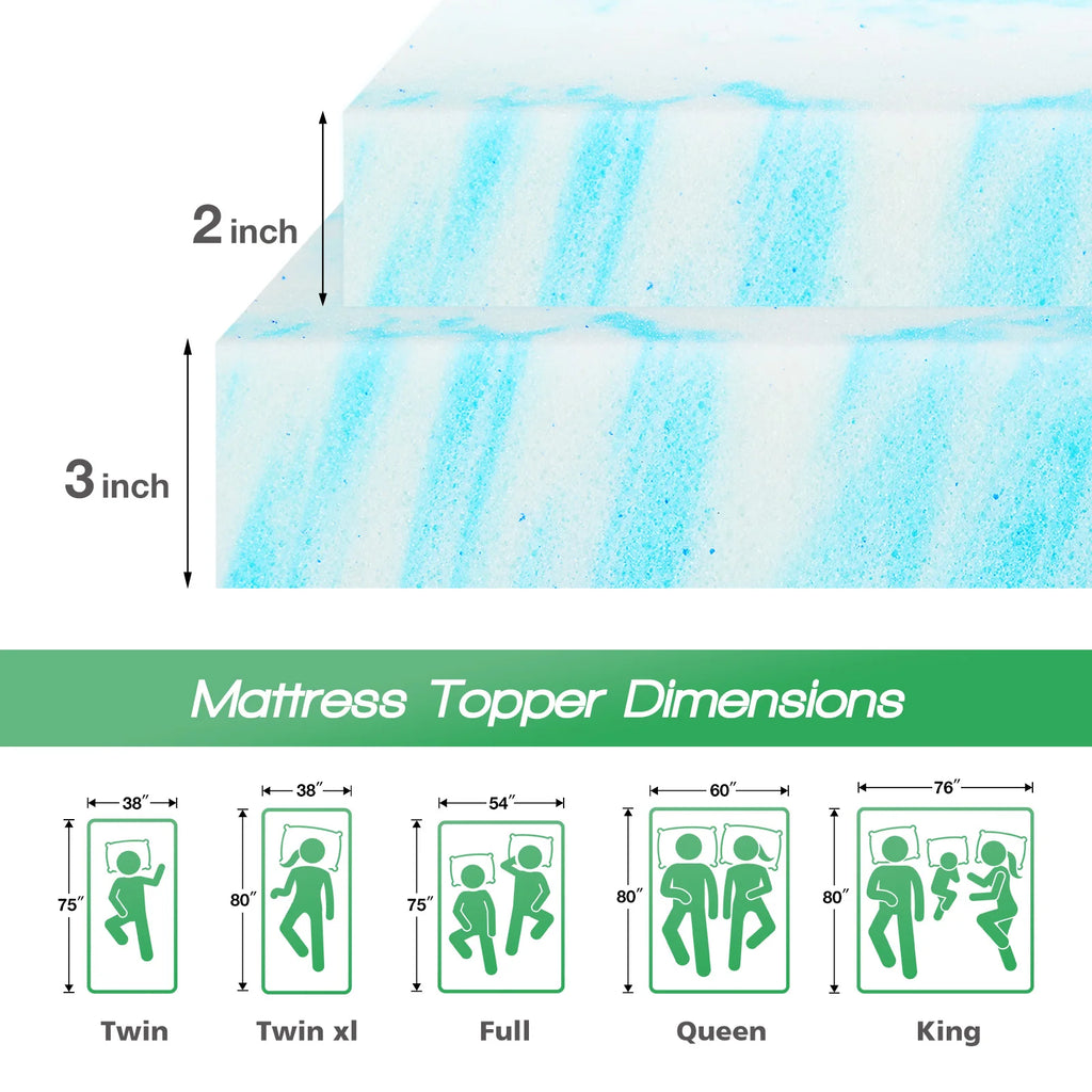 2-3 Inch Memory Foam Mattress Topper Twin, Full, Queen Size Thick Gel