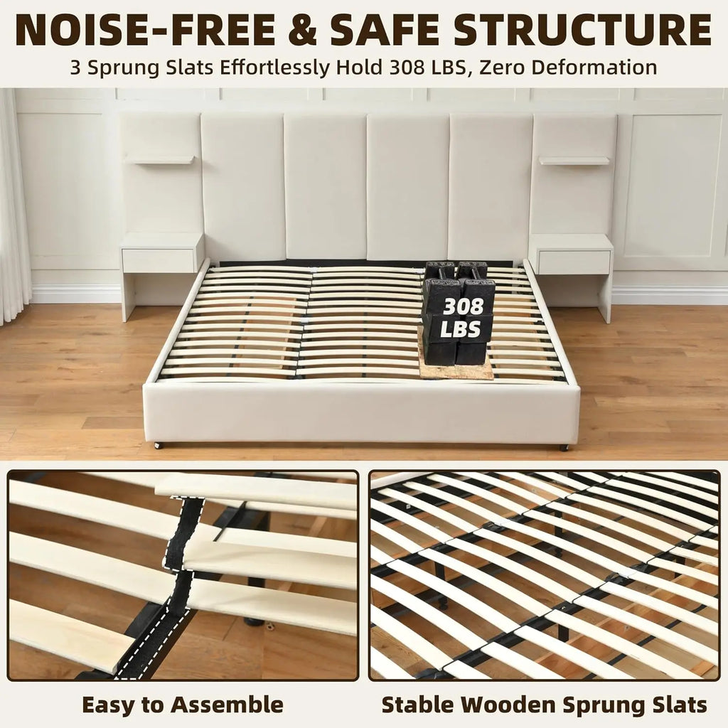 King Bed Frame with Storage & Built-in Nightstands