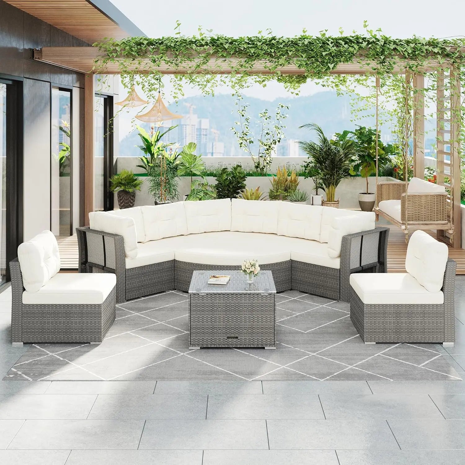 Acacia Wood Half-Moon Outdoor Sofa Set & Coffee Table