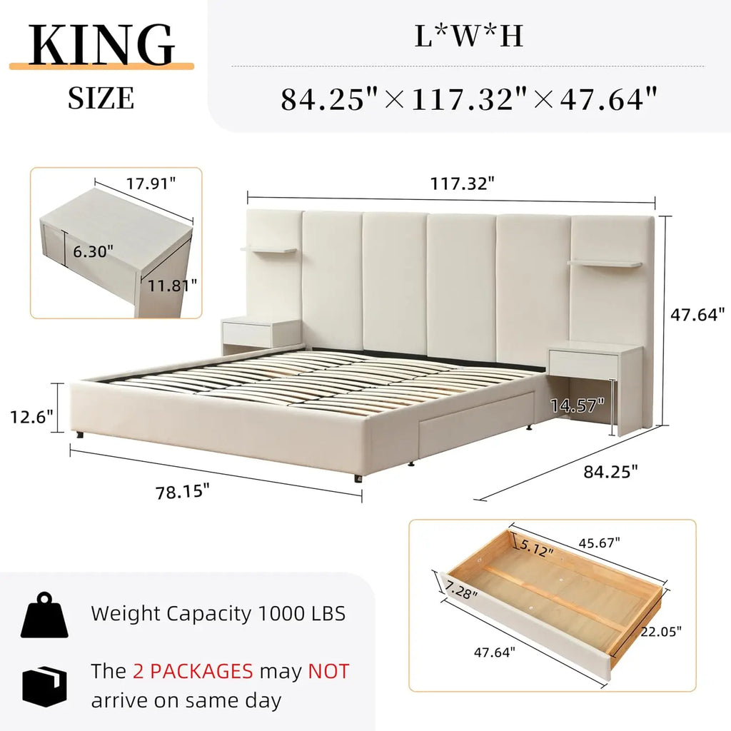 King Bed Frame with Storage & Built-in Nightstands