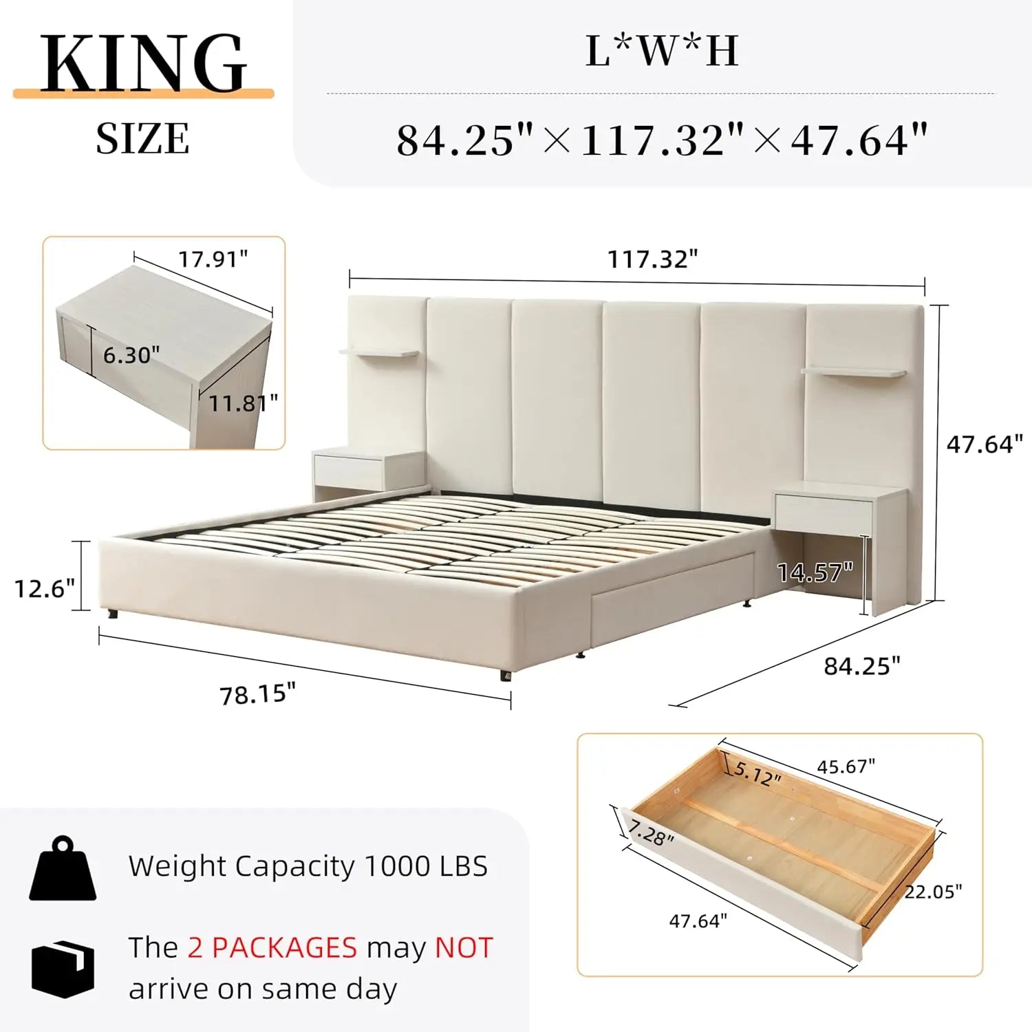 King Bed Frame with Storage & Built-in Nightstands