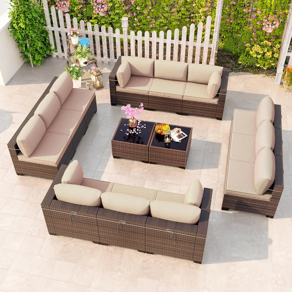 Outdoor Patio Furniture Set,12 Pieces Sectional Rattan Sofa Set Brown PE Rattan Wicker Patio Conversation Set with 10, Custom