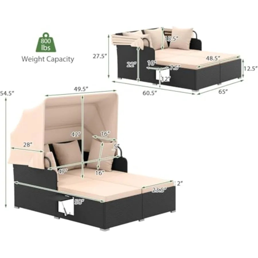 Patio Rattan Daybed with Retractable Canopy