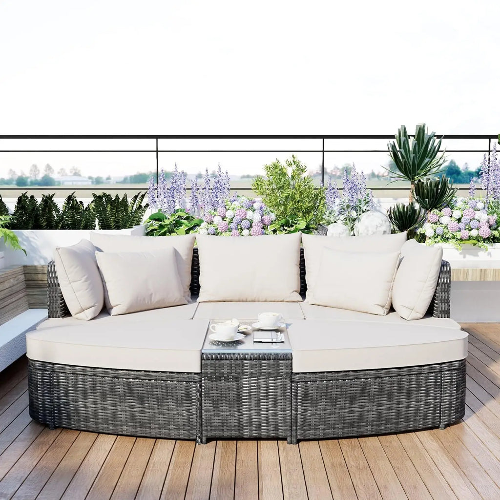Acacia Wood Half-Moon Outdoor Sofa Set & Coffee Table