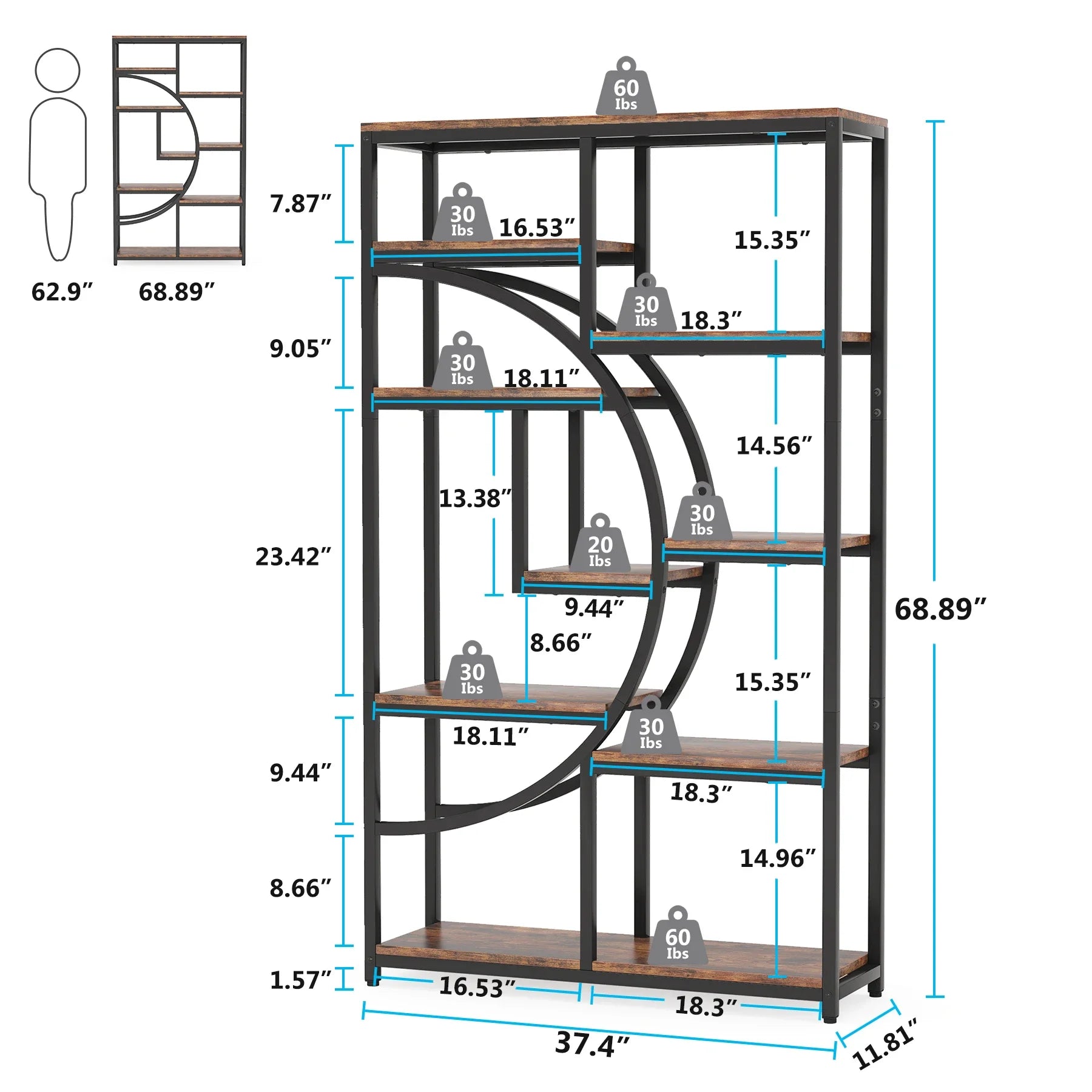 Bookshelf Industrial 5 Tier Etagere Bookcase