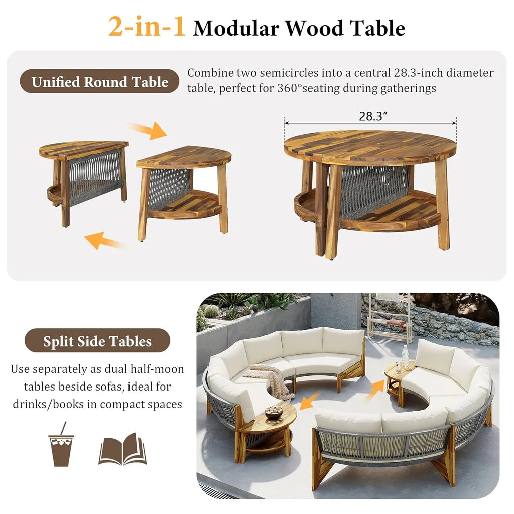 Acacia Wood Half-Moon Outdoor Sofa Set & Coffee Table
