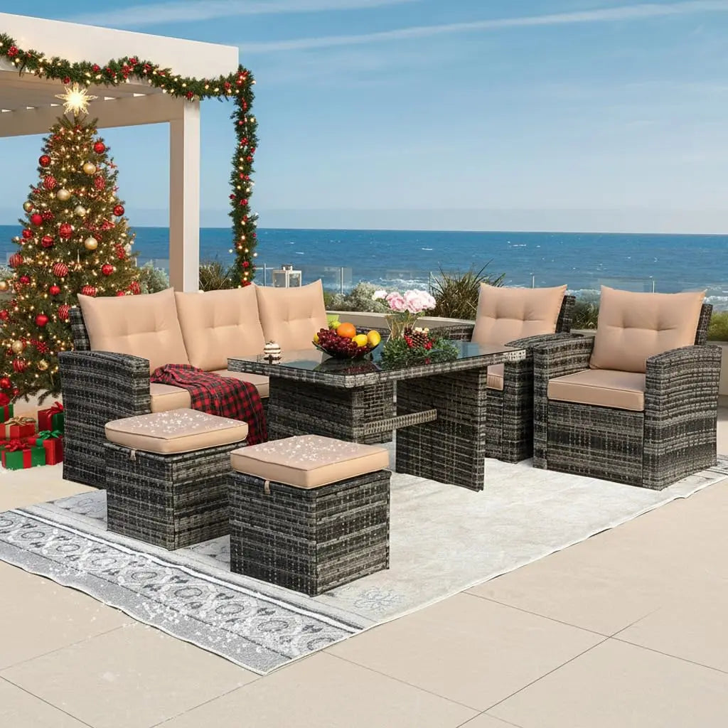 6 Pieces Patio Furniture Set - All-Weather Outdoor Wicker Sectional