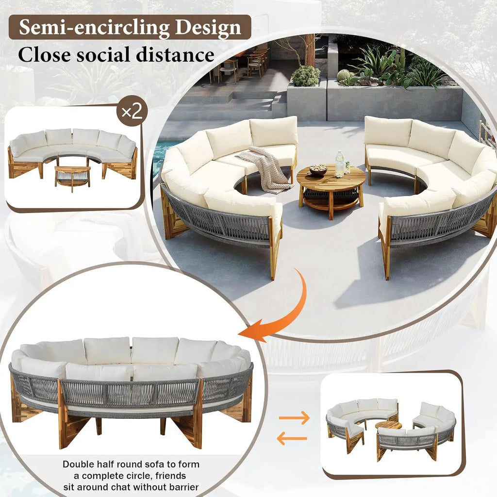 Acacia Wood Half-Moon Outdoor Sofa Set & Coffee Table