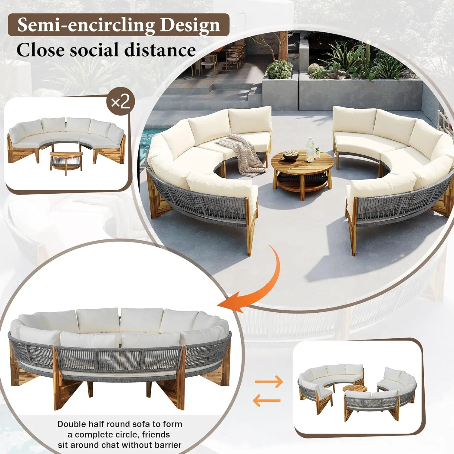 Acacia Wood Half-Moon Outdoor Sofa Set & Coffee Table