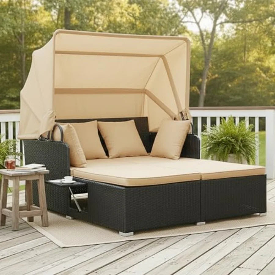 Patio Rattan Daybed with Retractable Canopy