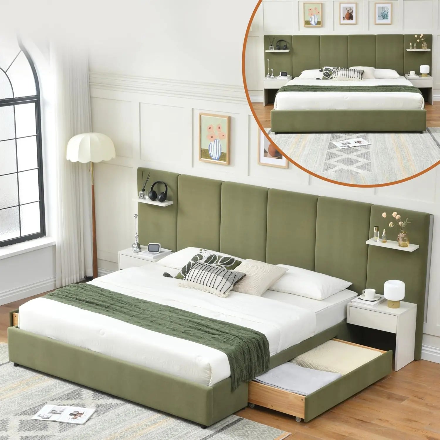 King Bed Frame with Storage & Built-in Nightstands