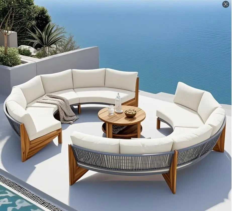 Acacia Wood Half-Moon Outdoor Sofa Set & Coffee Table