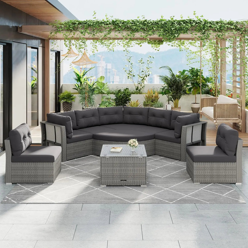 Acacia Wood Half-Moon Outdoor Sofa Set & Coffee Table