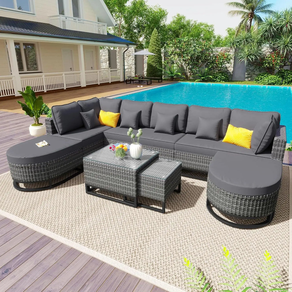 Acacia Wood Half-Moon Outdoor Sofa Set & Coffee Table