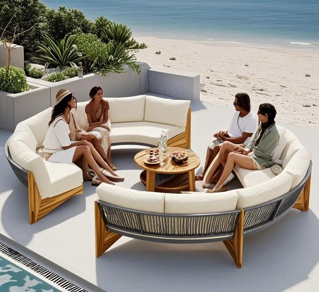 Acacia Wood Half-Moon Outdoor Sofa Set & Coffee Table
