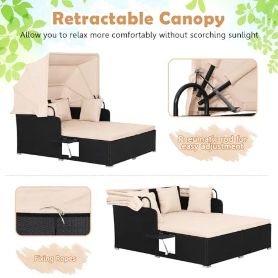 Patio Rattan Daybed with Retractable Canopy
