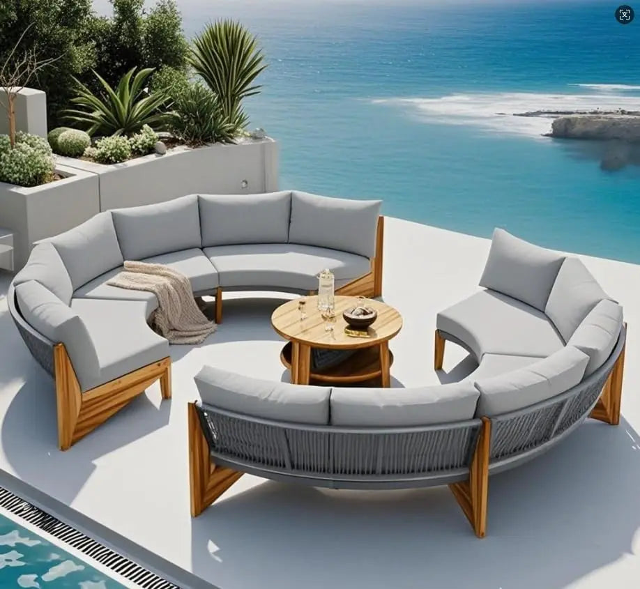 Acacia Wood Half-Moon Outdoor Sofa Set & Coffee Table