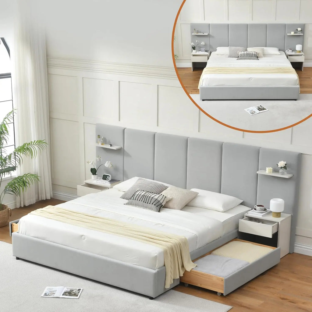 King Bed Frame with Storage & Built-in Nightstands