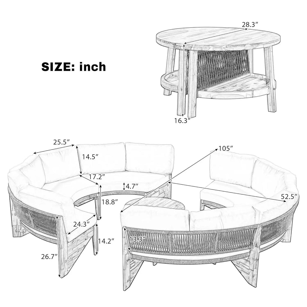 Acacia Wood Half-Moon Outdoor Sofa Set & Coffee Table