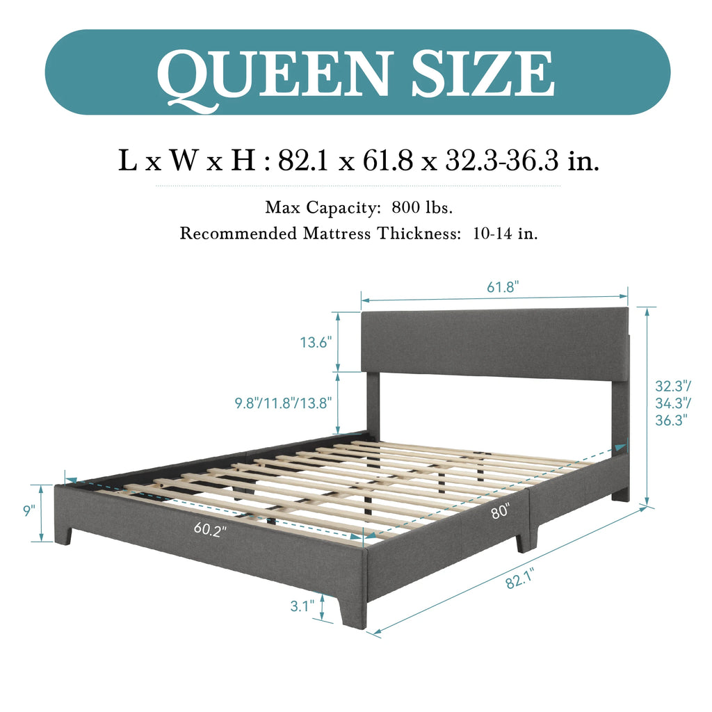 Full/Queen/King Upholstered Bed Frame with Adjustable Linen Headboard