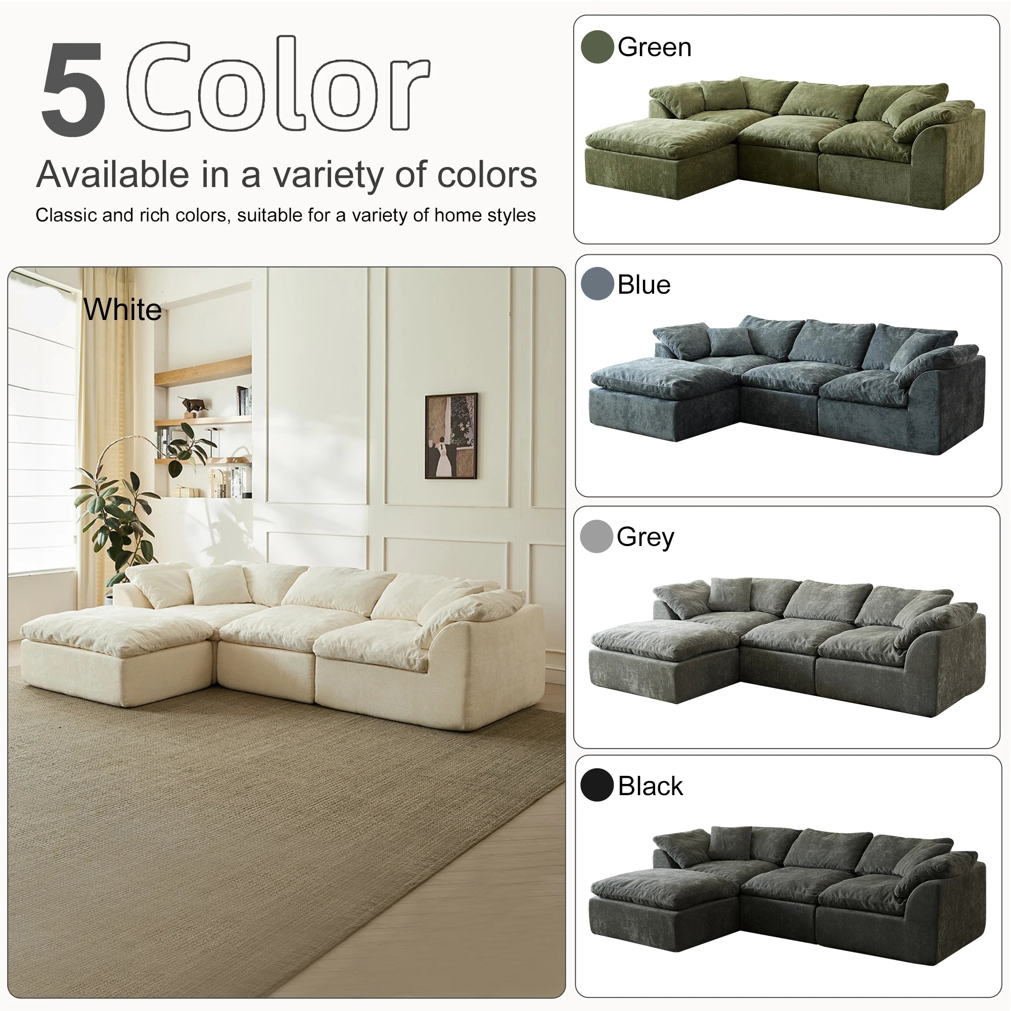 109" Modern Cloud L-Shaped 3-Seater Oversized Deep Seat Chenille Fabric Sofa