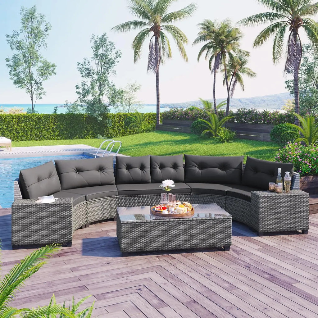 Acacia Wood Half-Moon Outdoor Sofa Set & Coffee Table