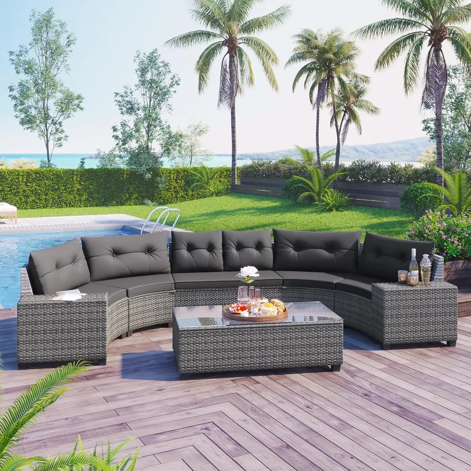 Acacia Wood Half-Moon Outdoor Sofa Set & Coffee Table