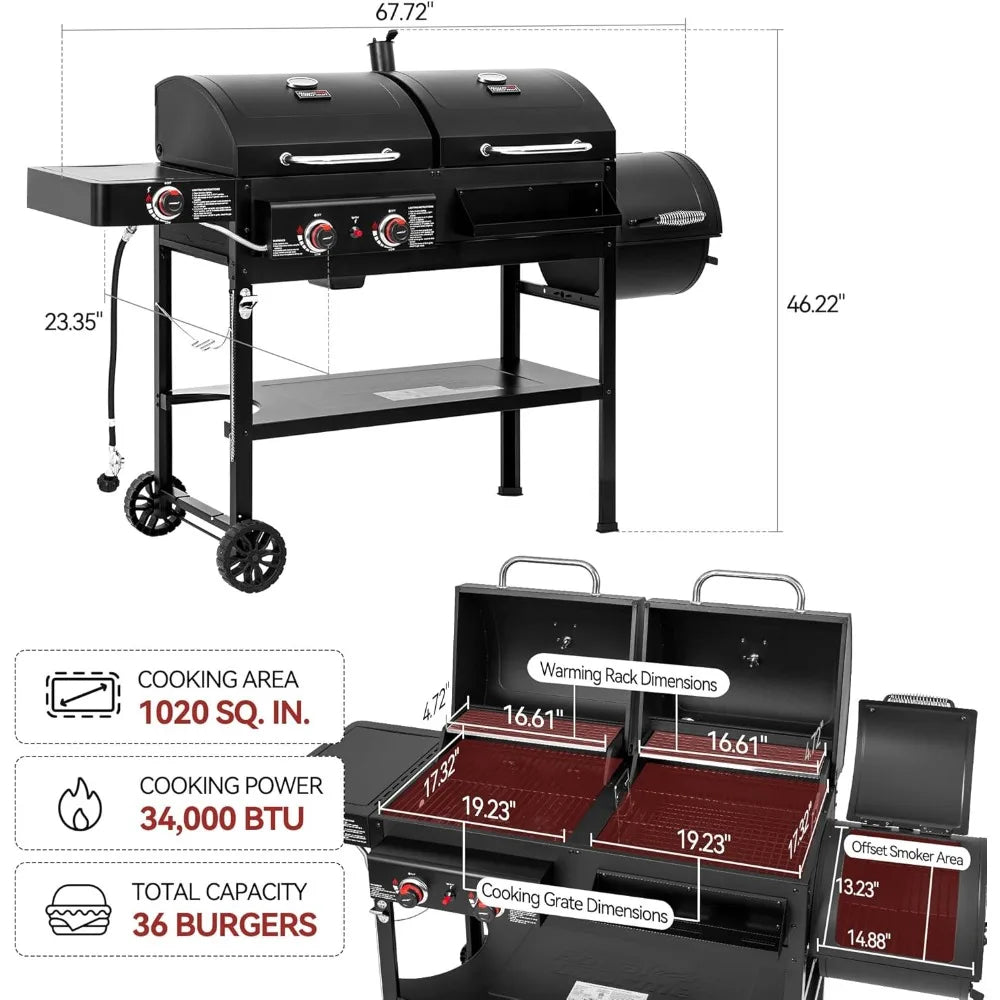 2-Burner Gas and Charcoal Combo Grill with Offset Smoker & Side Burner