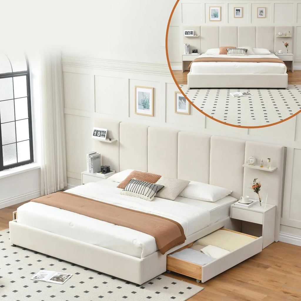 King Bed Frame with Storage & Built-in Nightstands