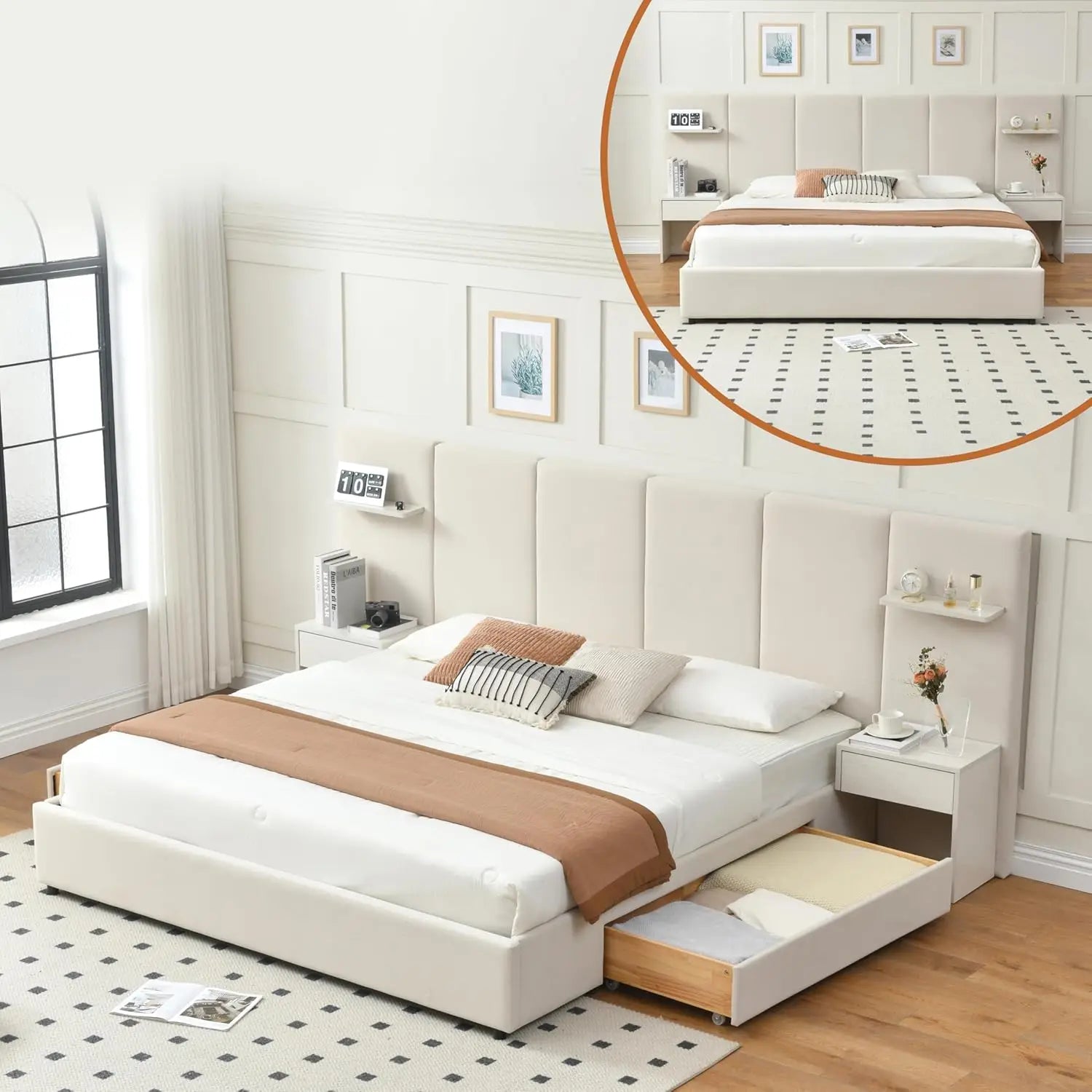 King Bed Frame with Storage & Built-in Nightstands