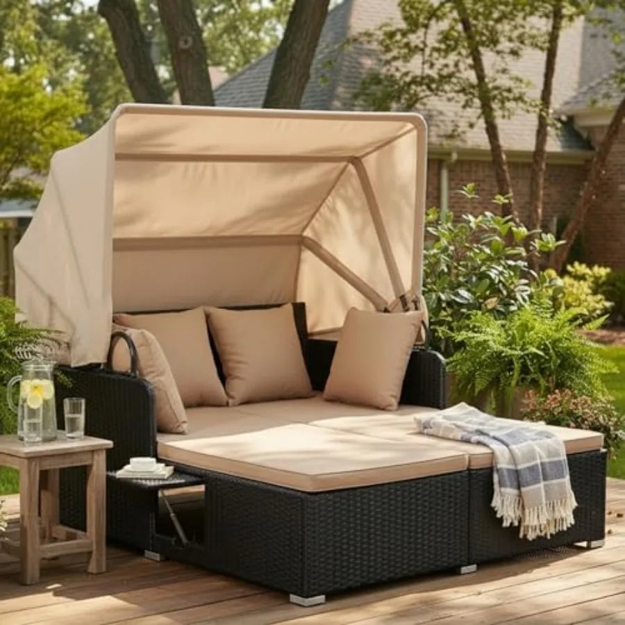 Patio Rattan Daybed with Retractable Canopy