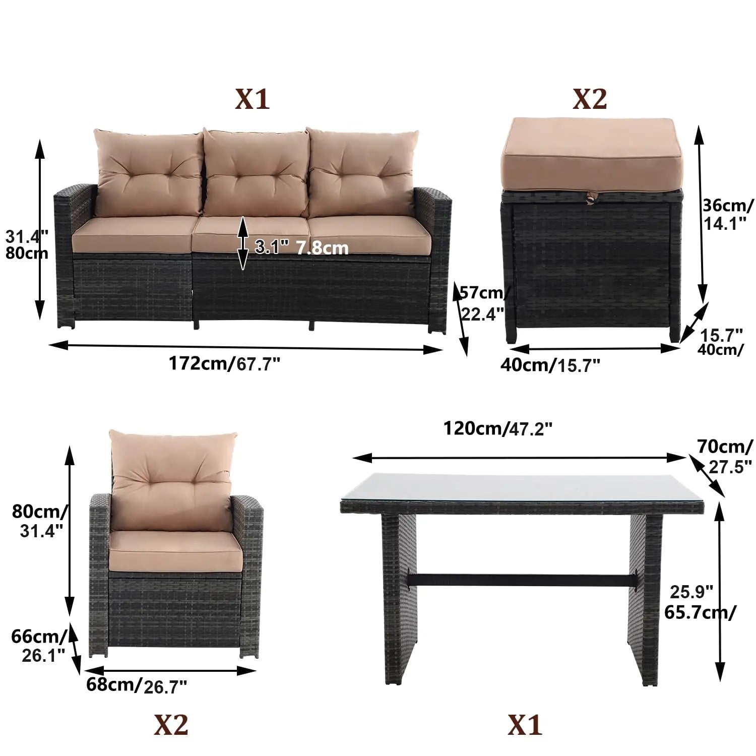6 Pieces Patio Furniture Set - All-Weather Outdoor Wicker Sectional