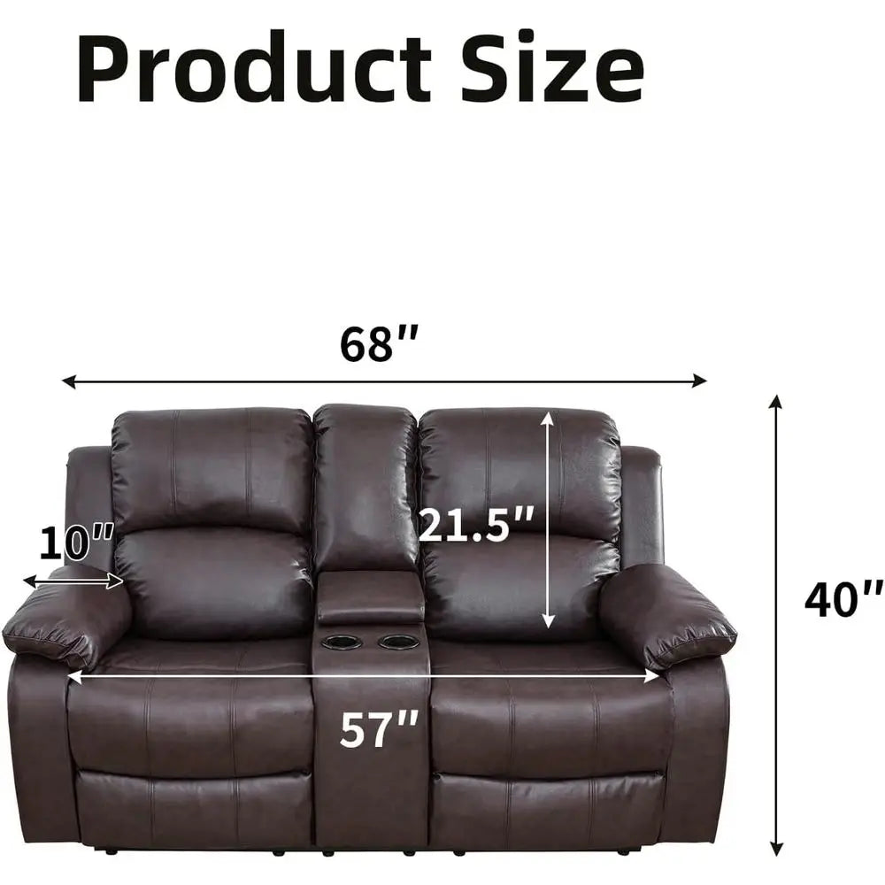 Brown Leather Reclining Loveseat with Center Console