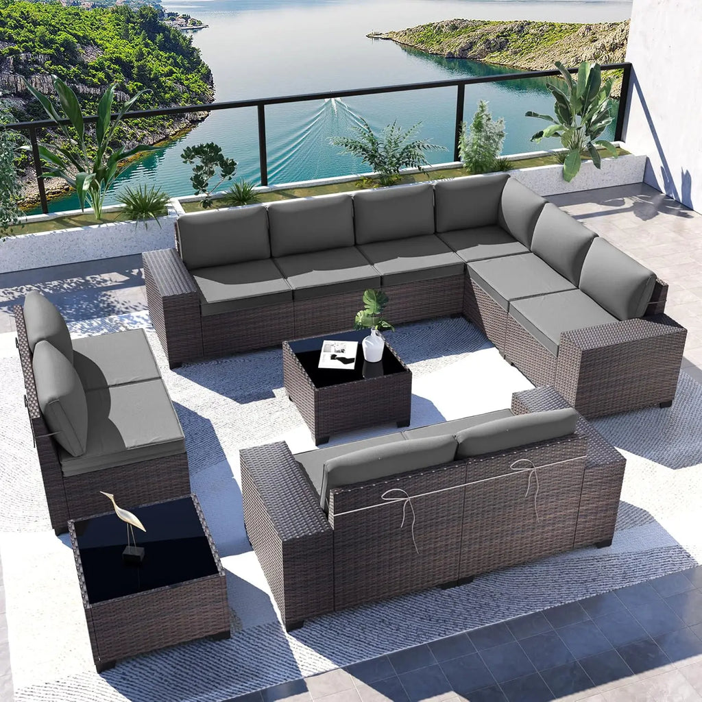 Outdoor Patio Furniture Set,12 Pieces Sectional Rattan Sofa Set Brown PE Rattan Wicker Patio Conversation Set with 10, Custom