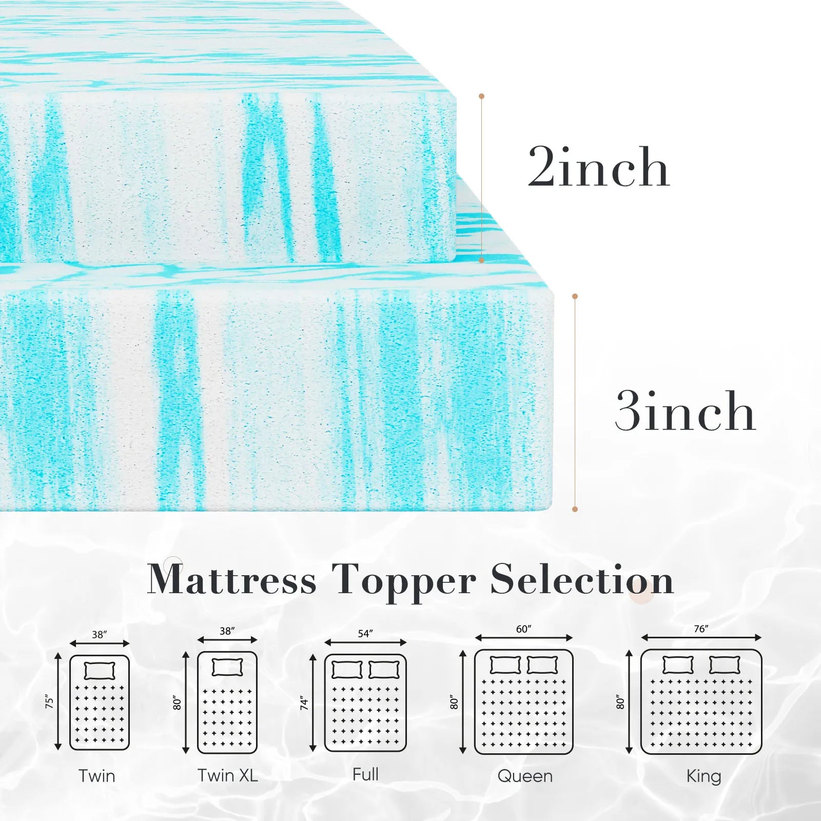 2-3 Inch Memory Foam Mattress Topper Twin, Full, Queen Size Thick Gel